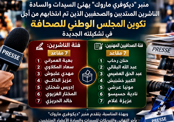 تهنئة :  منبر "ديكوفري ماروك" يهنئ السيدات والسادة الناشرين المنتدبين والصحفيين الذين تم انتخابهم من اجل تكوين المجلس الوطني للصحافة في تشكيلته الجديدة